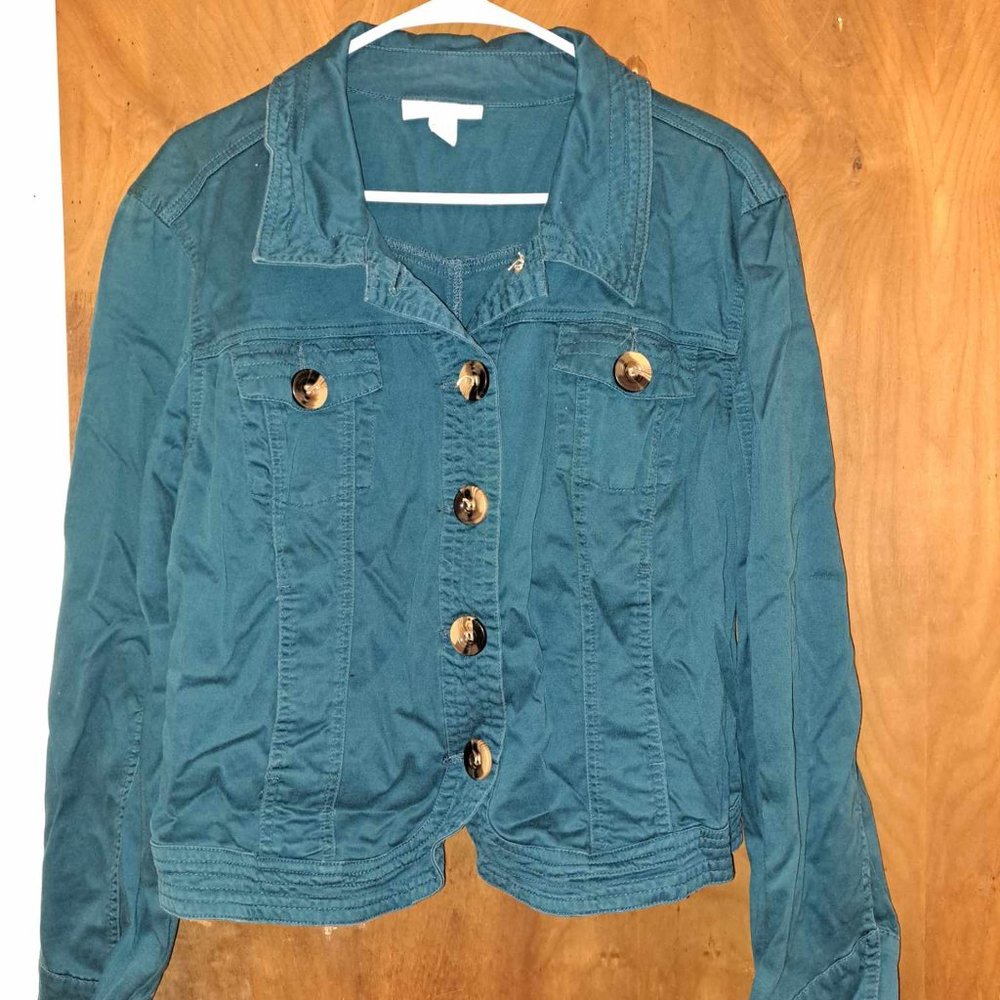 dressbarn, cloth dark blue jacket. brown and tan button down, size XL